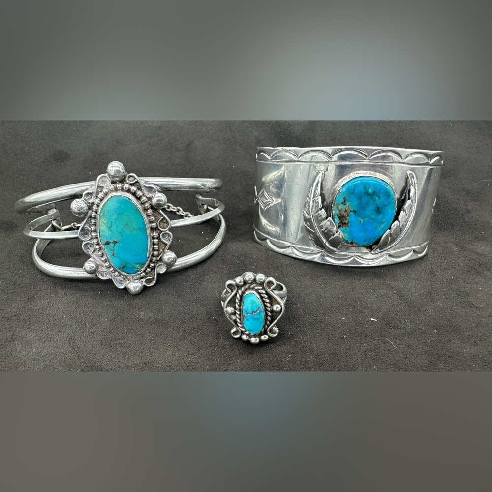 Silver Turquoise Jewelry Set 2 Cuff Bracelets, 1 Ring **BROKEN**